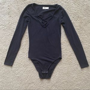 Hollister Black Long Sleeve Criss Cross Neckline Bodysuit